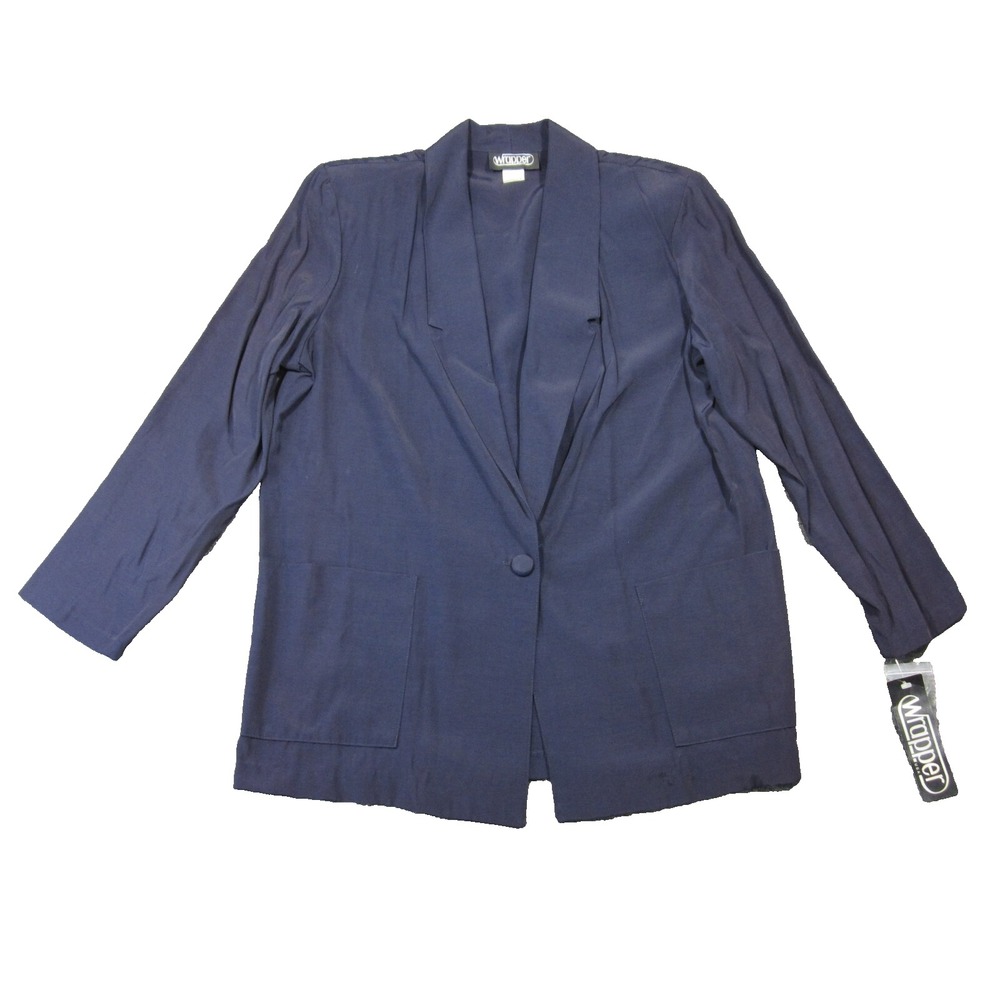 Vtg Wrapper USA Blazer L Navy Blue Shoulder Pad Business Casual 80s 90s NEW